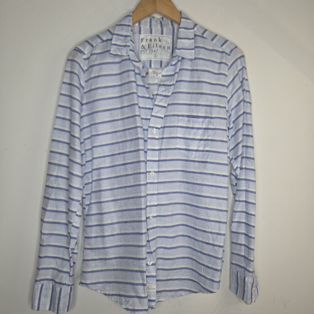 Frank & Eileen Barry Shirt Womens L Blue White Stripe Button Down Cotton USA